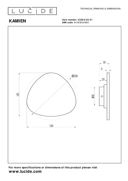 Lucide Premium KAMIEN - Wall light - LED - 1x6W 2700K - White - technical